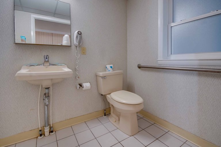 Sahara Motel bathroom with handicap railing next to toilet